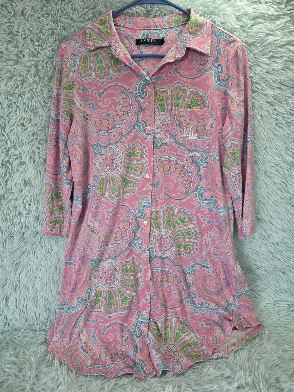 Lauren Ralph Lauren Pink Paisley Button Front Sleep Shirt Nightgown M